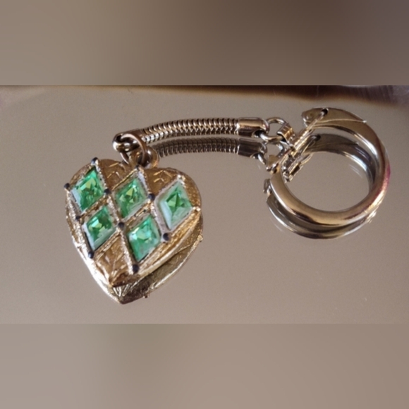 Jewelry - Gold Tone  Heart Keychain with Harelequin Aqua Blue  Gems Like Style Vintage
